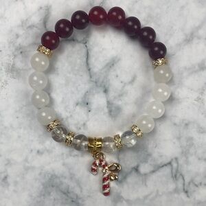 Holiday Elegant Red and White Beaded Bracelet with Charm